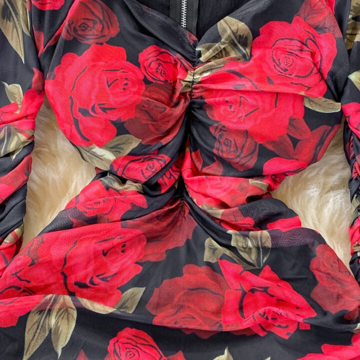 Robe Mi-Longue Fleurie Rose Rouge